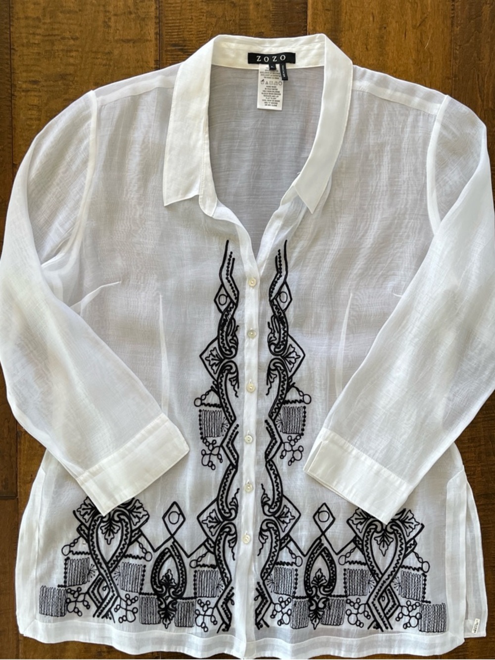 ZOZO sheer white button-up tunic blouse w black geometric embroidery sz Lg